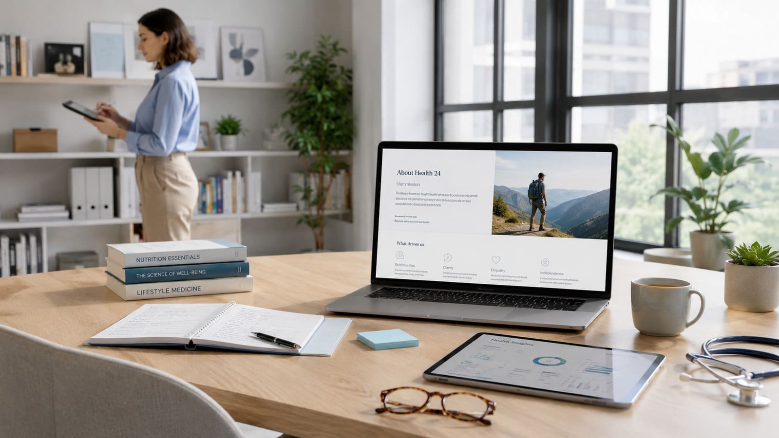 Modern health education editorial desk scene