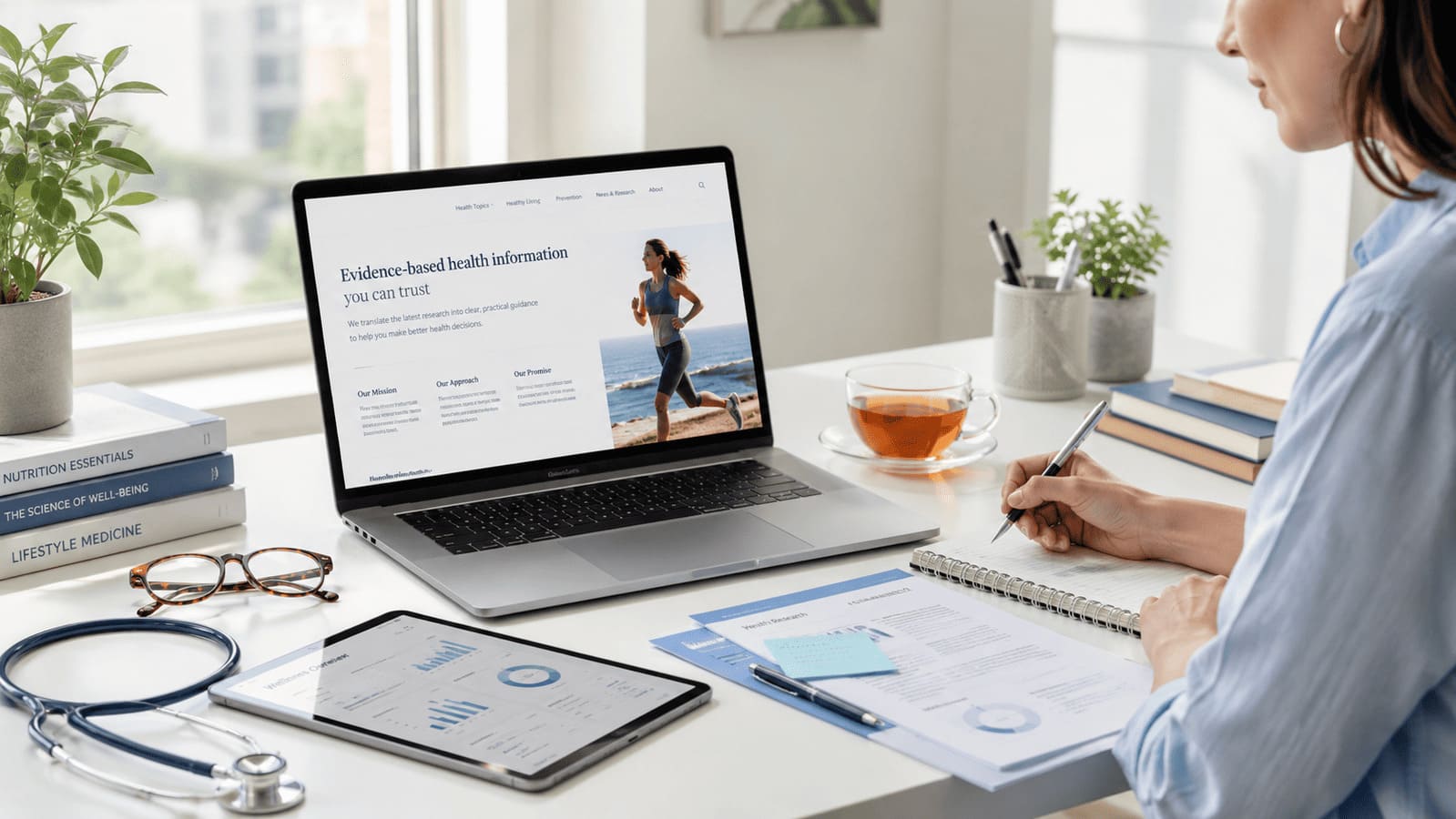 Health editor workspace with laptop and health content materials