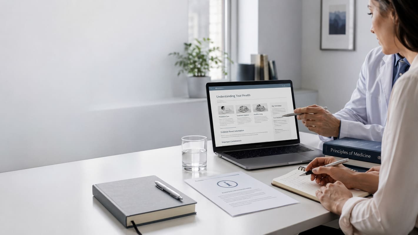 Professional editorial workspace representing Health 24 medical disclaimer and safety guidance