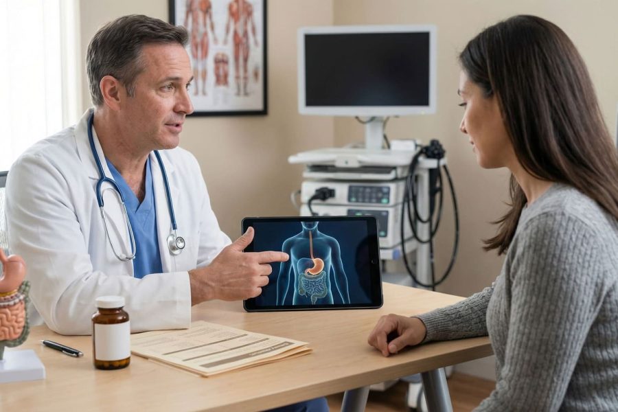 Digestive health guide focusing on gut, stomach, and liver wellness with realistic medical context and patient education visuals