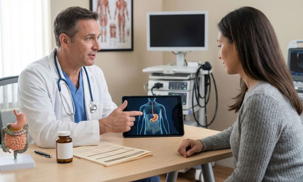 Digestive health guide focusing on gut, stomach, and liver wellness with realistic medical context and patient education visuals