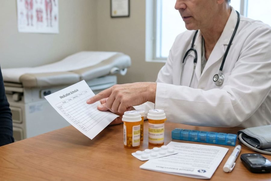 Prescription drugs guide with realistic medication storage, labeled packaging, and safe usage context