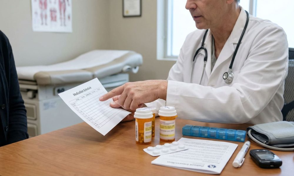 Prescription drugs guide with realistic medication storage, labeled packaging, and safe usage context