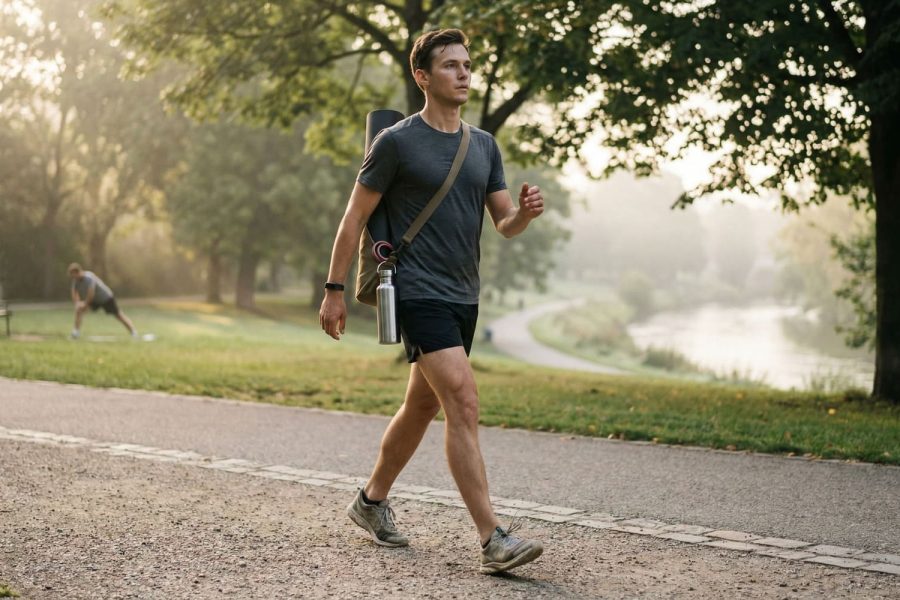 Physical exercise guide showing cardio, strength, and mobility training in realistic settings