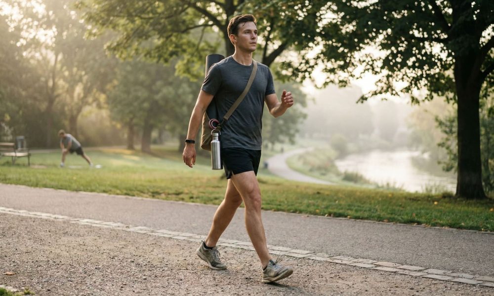 Physical exercise guide showing cardio, strength, and mobility training in realistic settings
