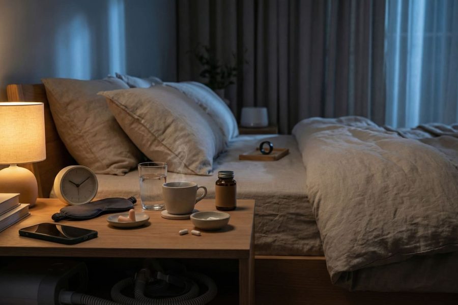 Sleep optimization guide showing a realistic sleep environment and healthy night routine cues