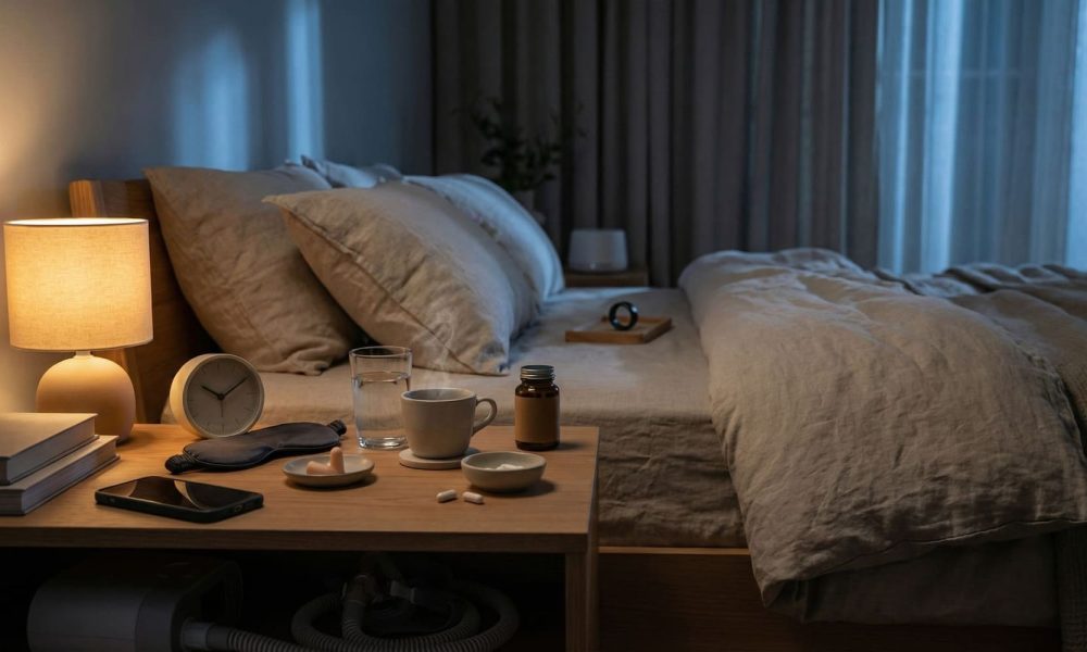 Sleep optimization guide showing a realistic sleep environment and healthy night routine cues