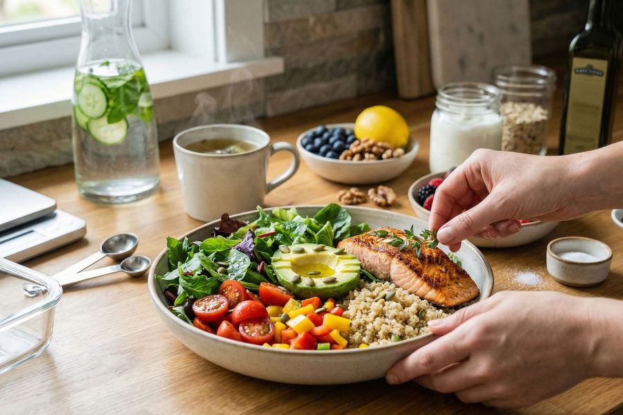 Healthy nutrition guide featuring balanced meals, hydration, and nutrient-rich foods