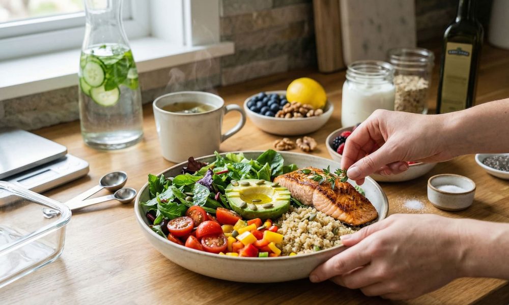 Healthy nutrition guide featuring balanced meals, hydration, and nutrient-rich foods