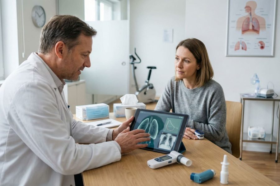 Respiratory health guide focused on lung and airway wellness with realistic breathing and care context